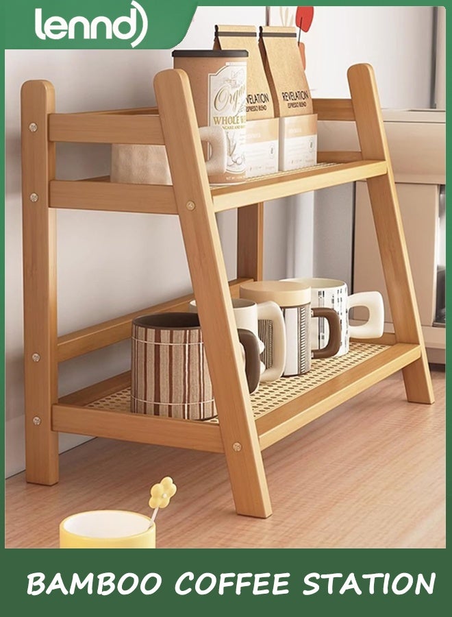 LENND Coffee Station Organizer, Bamboo Mug Holder Countertop, Kitchen Counter Shelf for Tea Coffee Bar Accessories, Matcha Stand, Cup Display, Condiment Storage Rack - Image 3
